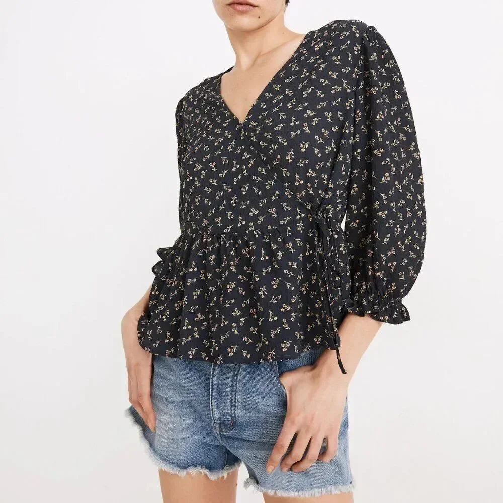 🦋MADEWELL🦋 Puff-Sleeve Peplum Wrap Top in Spring Fling - [Size Small]